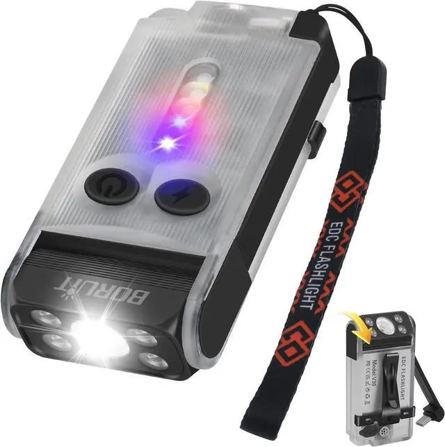 Main image of V30 LED Small Powerful EDC Flashlight with Red and 365nm UV Light,180°Rotation,USB A/C-C Rechargeable Pocket Flat Keychain Flashlight with Clip,120DB Buzzer,Power Bank Function(White)