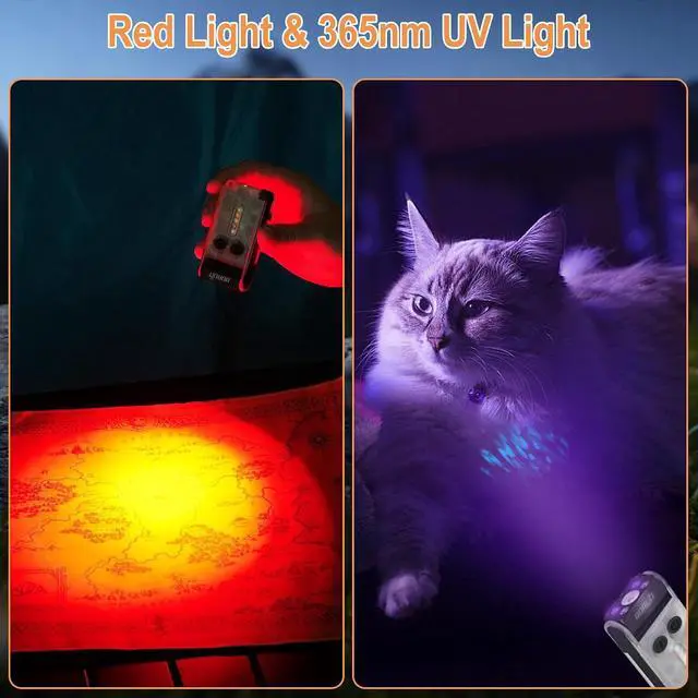 Alt view image 3 of 7 - V30 LED Small Powerful EDC Flashlight with Red and 365nm UV Light,180°Rotation,USB A/C-C Rechargeable Pocket Flat Keychain Flashlight with Clip,120DB Buzzer,Power Bank Function(White)