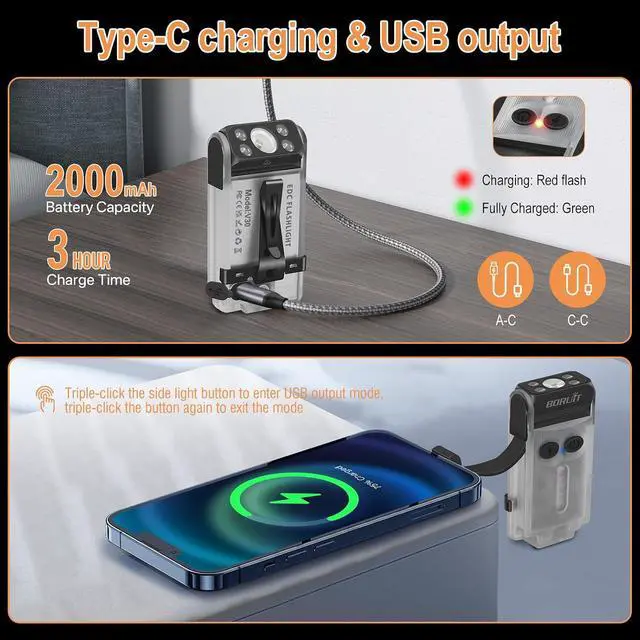 Alt view image 5 of 7 - V30 LED Small Powerful EDC Flashlight with Red and 365nm UV Light,180°Rotation,USB A/C-C Rechargeable Pocket Flat Keychain Flashlight with Clip,120DB Buzzer,Power Bank Function(White)
