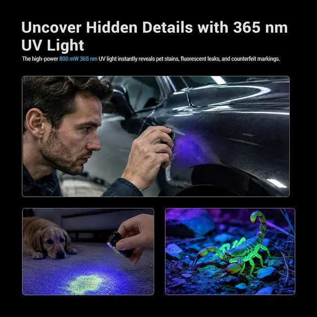 Alt view image 5 of 7 - TorchEye UC 6-in-1 EDC Clip-On Flashlight, 650LM Rechargeable Magnetic Pocket Work Light with White, 365nm UV, RGB & Warm Light, USB-C, IPX6 Waterproof for Inspection, Camping, Emergency