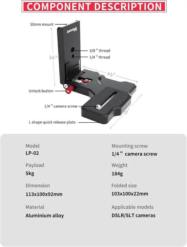 Alt view image 3 of 7 - LP-02 Camera L Bracket L Shape Quick Release Plate