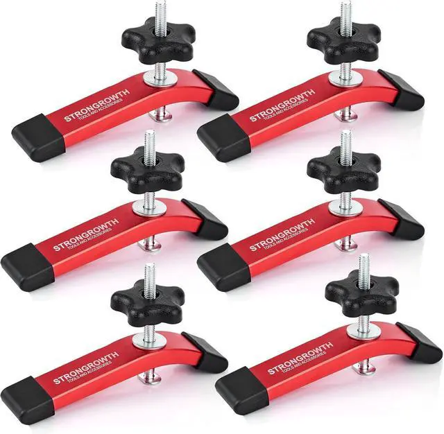 Main image of T track Hold Down Clamps - Double Cut Profile Universal T-Track Clamps, 6-3/8"L x 1-1/4"W - Woodworking and t slot clamp - Fine Sandblast Anodized - Red Color-6PK