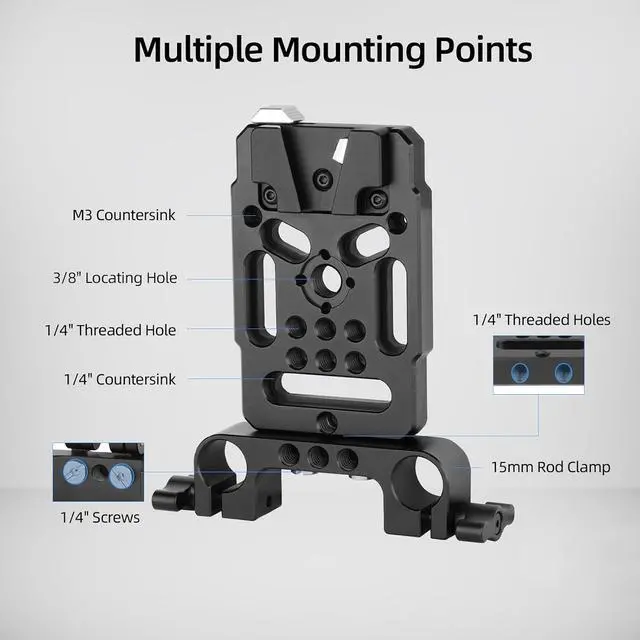Alt view image 2 of 7 - V Mount Battery Plate, V-Lock Mount Battery Plate with 15mm Rod Clamp, 1/4" Screws and M3 Screws, Compatible with SmallRig/Neewer/K&F Concept - N21-A2