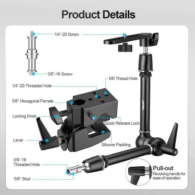 Alt view image 5 of 7 - 20" Heavy Duty Magic Arm Camera Mount with Super Clamp/Platform