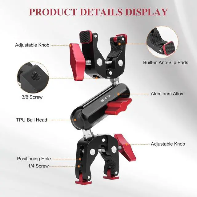 Alt view image 7 of 7 - Super Clamp Double Camera Clamp,Dual Clip Mount with Magic Socket Arm - 3/8" & 1/4" Screw, Heavy-Duty Clamps for Desk & Cross Bars& Tripod & Handlebar,All Metal -Max Load Capacity 8.8LB,JC010