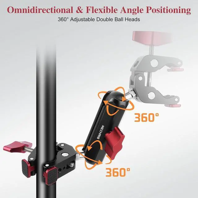 Alt view image 2 of 7 - Super Clamp Double Camera Clamp,Dual Clip Mount with Magic Socket Arm - 3/8" & 1/4" Screw, Heavy-Duty Clamps for Desk & Cross Bars& Tripod & Handlebar,All Metal -Max Load Capacity 8.8LB,JC010
