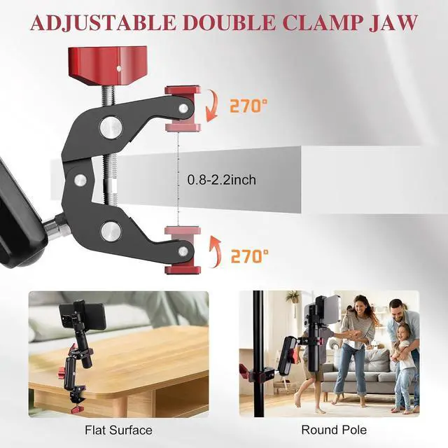 Alt view image 4 of 7 - Super Clamp Double Camera Clamp,Dual Clip Mount with Magic Socket Arm - 3/8" & 1/4" Screw, Heavy-Duty Clamps for Desk & Cross Bars& Tripod & Handlebar,All Metal -Max Load Capacity 8.8LB,JC010
