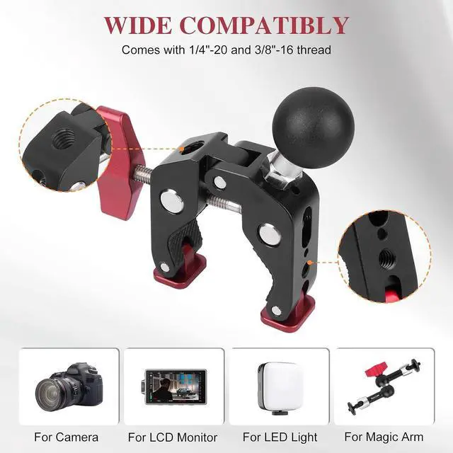 Alt view image 6 of 7 - Super Clamp Double Camera Clamp,Dual Clip Mount with Magic Socket Arm - 3/8" & 1/4" Screw, Heavy-Duty Clamps for Desk & Cross Bars& Tripod & Handlebar,All Metal -Max Load Capacity 8.8LB,JC010