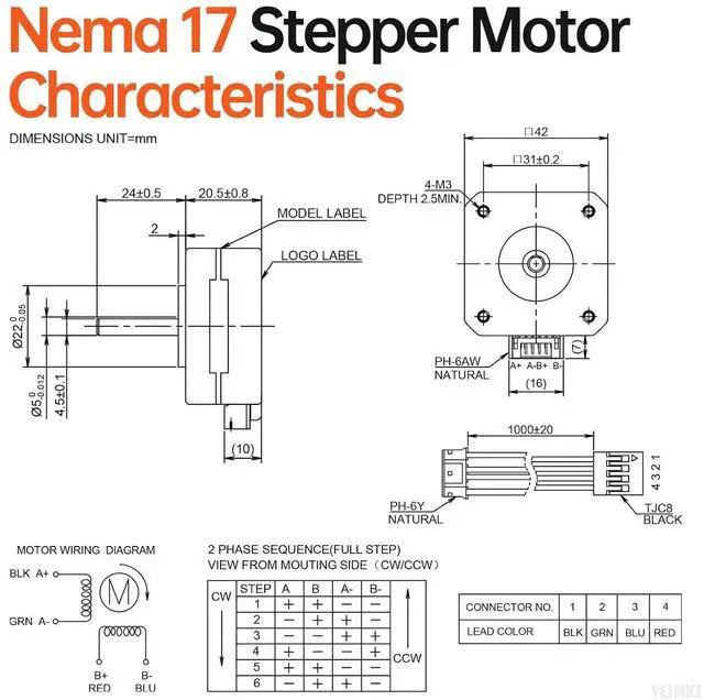 Alt view image 2 of 6 - 5Pack Nema 17 Stepper Motor 42x21mm 0.13Nm (18.41oz·in) 1.0A 3.5