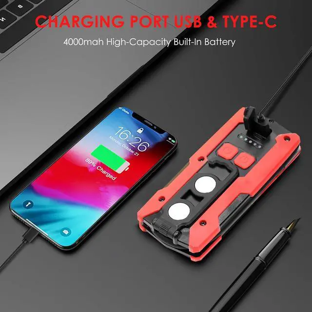 Alt view image 6 of 7 - Rechargeable LED Work Light, 40W 2000LM Magnetic Work Light Battery Powered Portable Flood Light with Gooseneck Flashlight for Car Repairing, Camping, Inspection