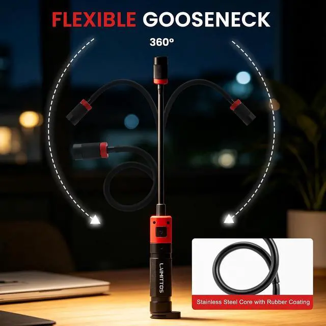 Alt view image 3 of 7 - Magnetic Flashlight with Flexible Gooseneck, Rechargeable Work Light LED Zoomable Lens Flashlight, Mechanic Light for Work Bench, Auto-Repairing, Inspection, Emergency (2 Pack)