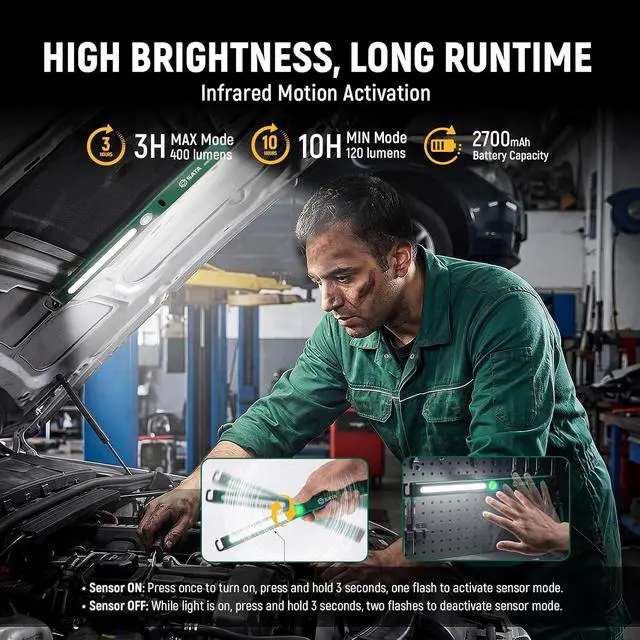 Alt view image 3 of 6 - Ultra-Slim Ruler-Style LED Inspection Light with Magnetic Back,400LM, 2700mAh, Rechargeable SMD Work Light for Underhood, Auto Repair, Garage, Workshop