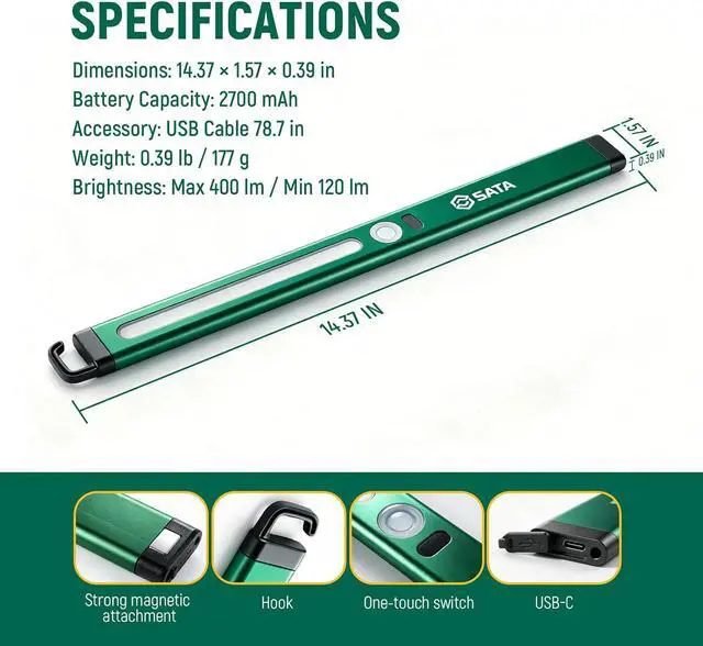 Alt view image 6 of 6 - Ultra-Slim Ruler-Style LED Inspection Light with Magnetic Back,400LM, 2700mAh, Rechargeable SMD Work Light for Underhood, Auto Repair, Garage, Workshop