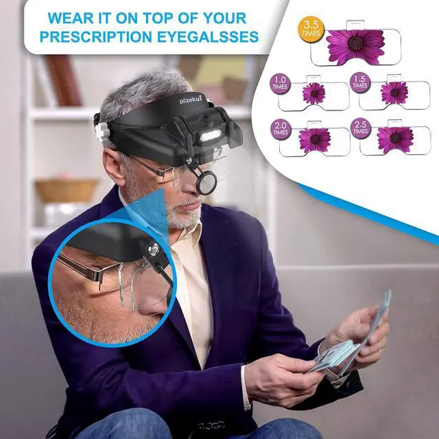 Alt view image 2 of 7 - Magnifying Glass with Light 1X-14X, Rechargeable Headset Magnifier