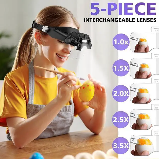 Alt view image 6 of 7 - 2 Pack Headband Magnifier with Light - 1.5X to 3.5X Magnifying Headset with Light and 1x to 14x Magnifying Glasses with Pocket Magnifier