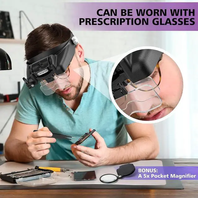Alt view image 7 of 7 - 2 Pack Headband Magnifier with Light - 1.5X to 3.5X Magnifying Headset with Light and 1x to 14x Magnifying Glasses with Pocket Magnifier