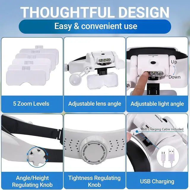 Alt view image 5 of 7 - Magnifying Glass with Light,Rechargeable Headband Magnifier 1X-14X