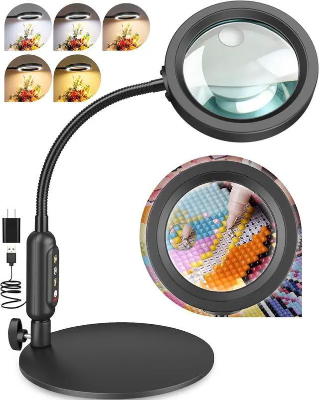Main image of 30X 10X Magnifying Glass with Light and Stand, 5 Color Modes Stepless Dimmable, Optical Grade HD Lens, LED Lighted Magnifier Hands Free with Flexible Gooseneck for Close Work, Craft, Hobby, Painting