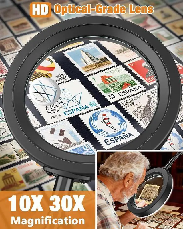 Alt view image 2 of 7 - 30X 10X Magnifying Glass with Light and Stand, 5 Color Modes Stepless Dimmable, Optical Grade HD Lens, LED Lighted Magnifier Hands Free with Flexible Gooseneck for Close Work, Craft, Hobby, Painting