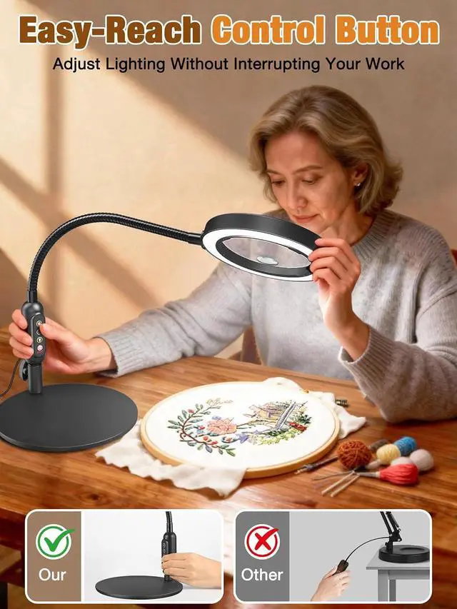 Alt view image 5 of 7 - 30X 10X Magnifying Glass with Light and Stand, 5 Color Modes Stepless Dimmable, Optical Grade HD Lens, LED Lighted Magnifier Hands Free with Flexible Gooseneck for Close Work, Craft, Hobby, Painting