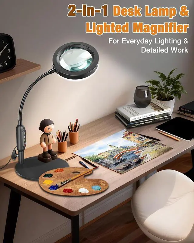 Alt view image 6 of 7 - 30X 10X Magnifying Glass with Light and Stand, 5 Color Modes Stepless Dimmable, Optical Grade HD Lens, LED Lighted Magnifier Hands Free with Flexible Gooseneck for Close Work, Craft, Hobby, Painting