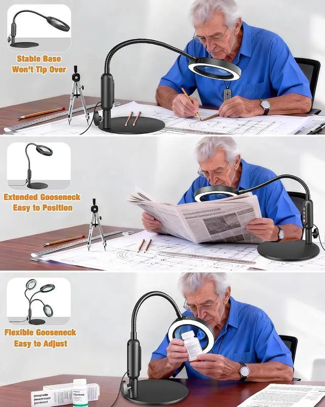 Alt view image 7 of 7 - 30X 10X Magnifying Glass with Light and Stand, 5 Color Modes Stepless Dimmable, Optical Grade HD Lens, LED Lighted Magnifier Hands Free with Flexible Gooseneck for Close Work, Craft, Hobby, Painting