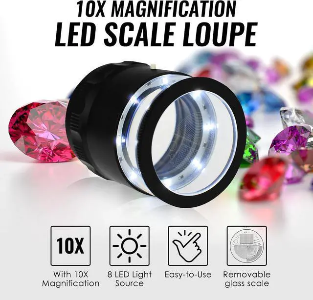 Alt view image 2 of 7 - 10x Jewelers Loupe, Illuminated Magnifying Glass, Portable Pocket Reading Magnifier with 25mm with LED Focused Eye Loupe Magnifier for Gems,Coins, Interchangeable Reticle Scale (4 Scale Glass)