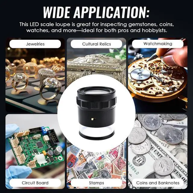 Alt view image 7 of 7 - 10x Jewelers Loupe, Illuminated Magnifying Glass, Portable Pocket Reading Magnifier with 25mm with LED Focused Eye Loupe Magnifier for Gems,Coins, Interchangeable Reticle Scale (4 Scale Glass)