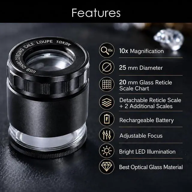 Alt view image 2 of 7 - 10X Rechargeable Jewelers Loupe Magnifier with LED Lights and 3 Reticle Scales, 25 mm Field of View, Adjustable Focus LED Scale Loupe Jewelry Magnifying Glass for Gems, Coins, Watch, Stamps, Plants