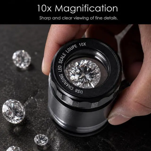 Alt view image 3 of 7 - 10X Rechargeable Jewelers Loupe Magnifier with LED Lights and 3 Reticle Scales, 25 mm Field of View, Adjustable Focus LED Scale Loupe Jewelry Magnifying Glass for Gems, Coins, Watch, Stamps, Plants