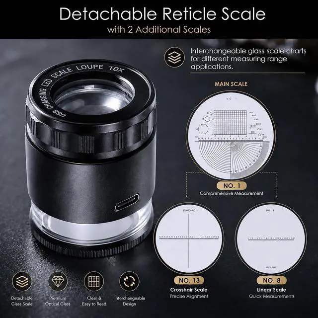 Alt view image 5 of 7 - 10X Rechargeable Jewelers Loupe Magnifier with LED Lights and 3 Reticle Scales, 25 mm Field of View, Adjustable Focus LED Scale Loupe Jewelry Magnifying Glass for Gems, Coins, Watch, Stamps, Plants