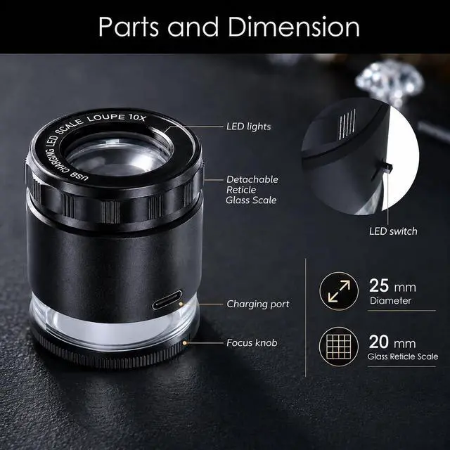 Alt view image 7 of 7 - 10X Rechargeable Jewelers Loupe Magnifier with LED Lights and 3 Reticle Scales, 25 mm Field of View, Adjustable Focus LED Scale Loupe Jewelry Magnifying Glass for Gems, Coins, Watch, Stamps, Plants