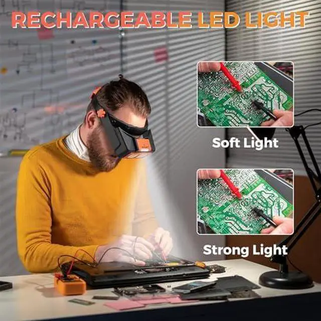 Alt view image 2 of 7 - 2 Pack Headband Magnifier with Light - 1.5X to 3.5X Magnifying Headset with Light and 1x to 14x Magnifying Glasses with Pocket Magnifier
