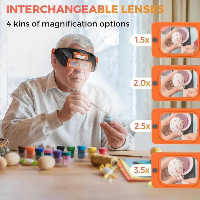 Alt view image 3 of 7 - 2 Pack Headband Magnifier with Light - 1.5X to 3.5X Magnifying Headset with Light and 1x to 14x Magnifying Glasses with Pocket Magnifier