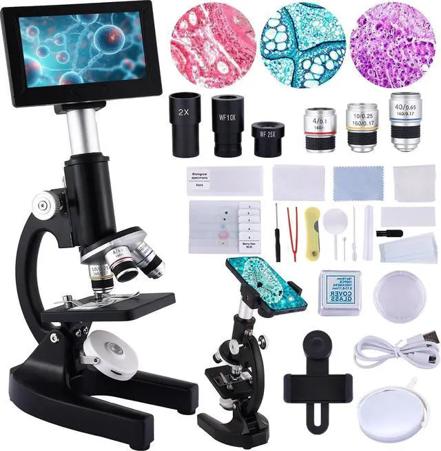 Main image of Microscope 40X-2500X Magnification with 4.3-inch Display, Wide-Angle 10X and 25X eyepieces, and Built-in 5-megapixel Camera for School Labs, Animal Husbandry (Black)