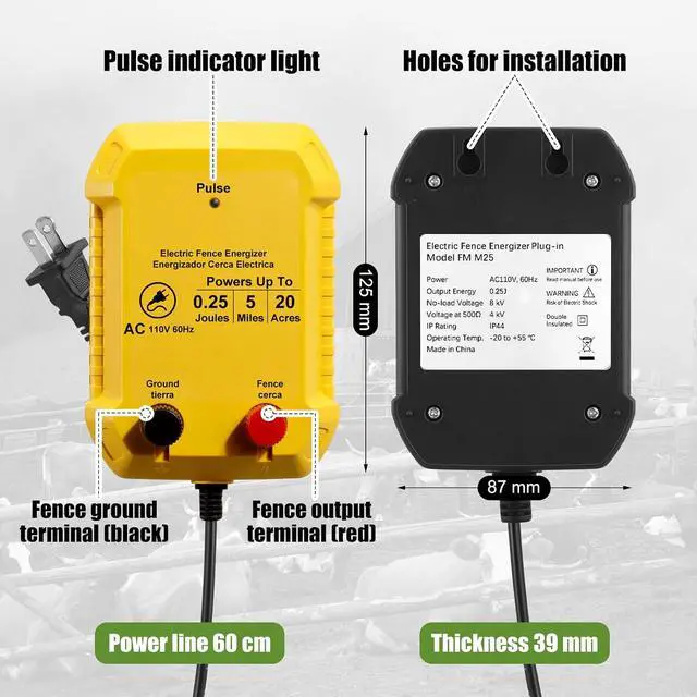 Alt view image 2 of 7 - Electric Fence Kit, 5 Mile 110 VAC 0.25 J Fence Charger, 3366 ft Polywire