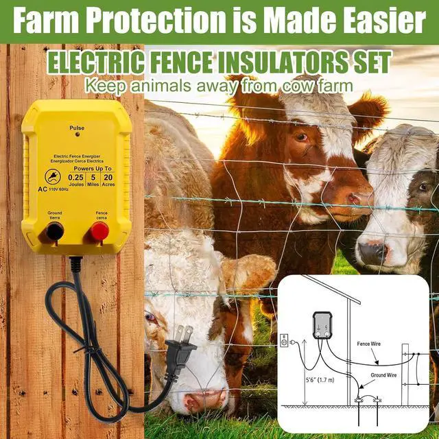 Alt view image 3 of 7 - Electric Fence Kit, 5 Mile 110 VAC 0.25 J Fence Charger, 3366 ft Polywire