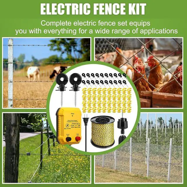 Alt view image 7 of 7 - Electric Fence Kit, 5 Mile 110 VAC 0.25 J Fence Charger, 3366 ft Polywire