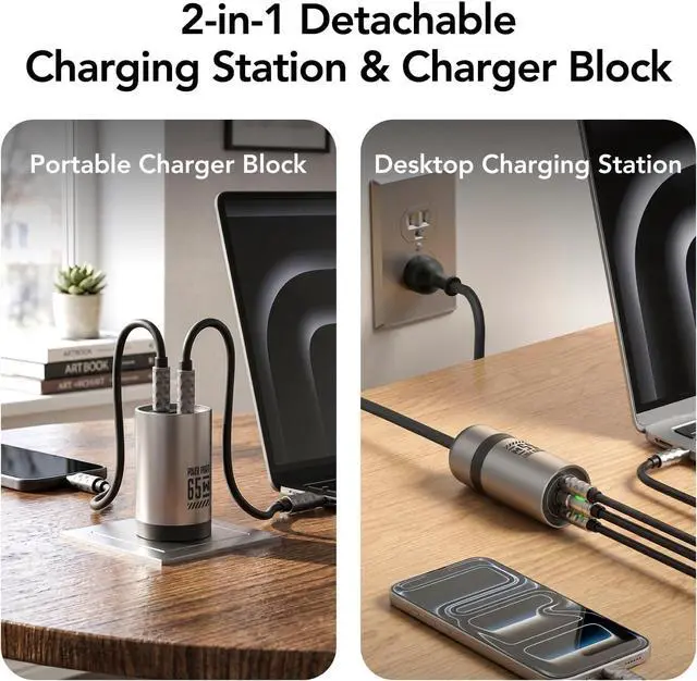Alt view image 2 of 7 - 65W 3-Port GaN USB C Charger with Detachable 5Ft Cord, Space Silver