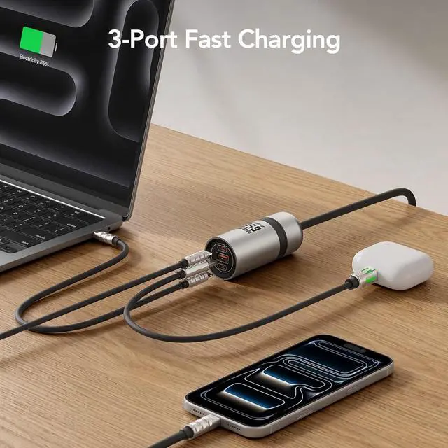 Alt view image 3 of 7 - 65W 3-Port GaN USB C Charger with Detachable 5Ft Cord, Space Silver