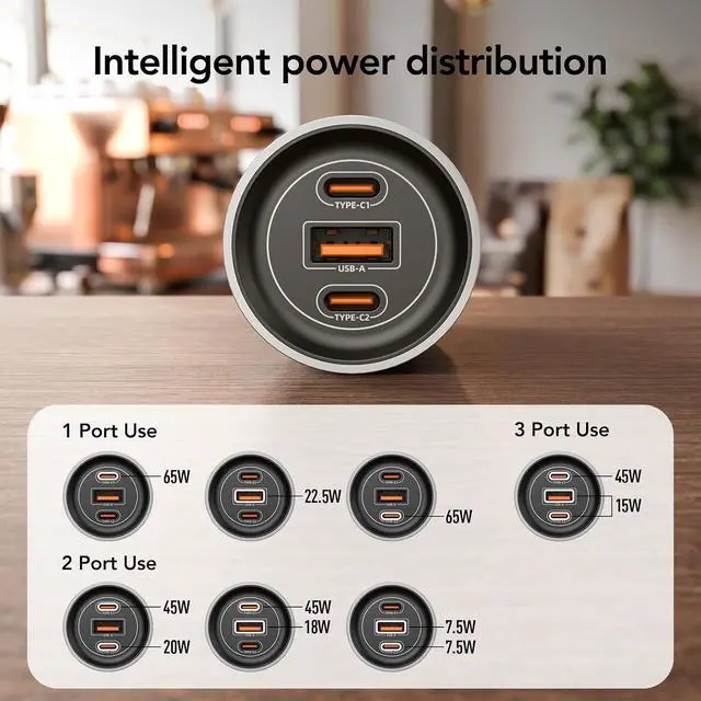 Alt view image 4 of 7 - 65W 3-Port GaN USB C Charger with Detachable 5Ft Cord, Space Silver