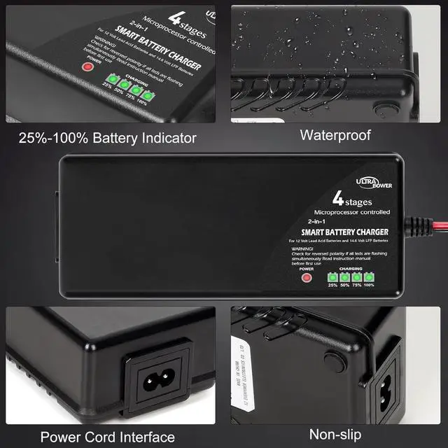 Alt view image 7 of 7 - ULTRAPOWER 14.6V 10A LiFePO4 Battery Charger,Smart Battery Charger for 12V LFP Batteries and Lead Acid Battery,4LEDs Indicator,Fast Charging,High Efficiency for Deep Cycle Batteries.