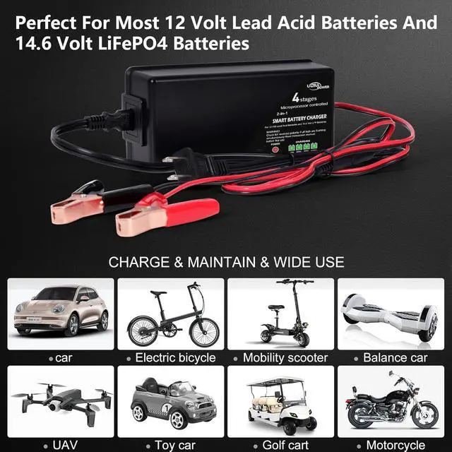 Alt view image 5 of 7 - ULTRAPOWER 14.6V 10A LiFePO4 Battery Charger,Smart Battery Charger for 12V LFP Batteries and Lead Acid Battery,4LEDs Indicator,Fast Charging,High Efficiency for Deep Cycle Batteries.