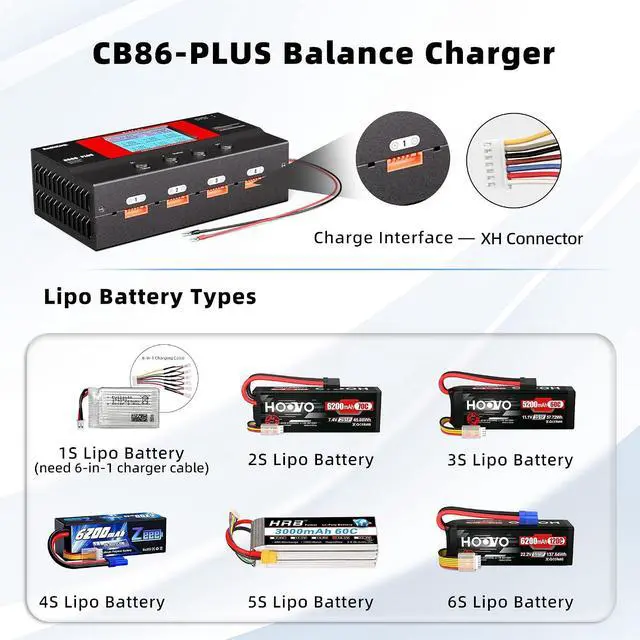 Alt view image 3 of 7 - CB86-PLUS RC Lipo Balance Smart Charger Discharger 8 Charging Ports 1S-6S 162W 6A with Power Supply Fast Charging, Battery Capacity Recovery Cycle Trickle for Li-Po/Li-Ion/Li-Fe/LiHV Battery