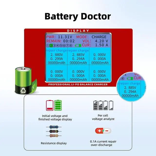 Alt view image 5 of 7 - CB86-PLUS RC Lipo Balance Smart Charger Discharger 8 Charging Ports 1S-6S 162W 6A with Power Supply Fast Charging, Battery Capacity Recovery Cycle Trickle for Li-Po/Li-Ion/Li-Fe/LiHV Battery