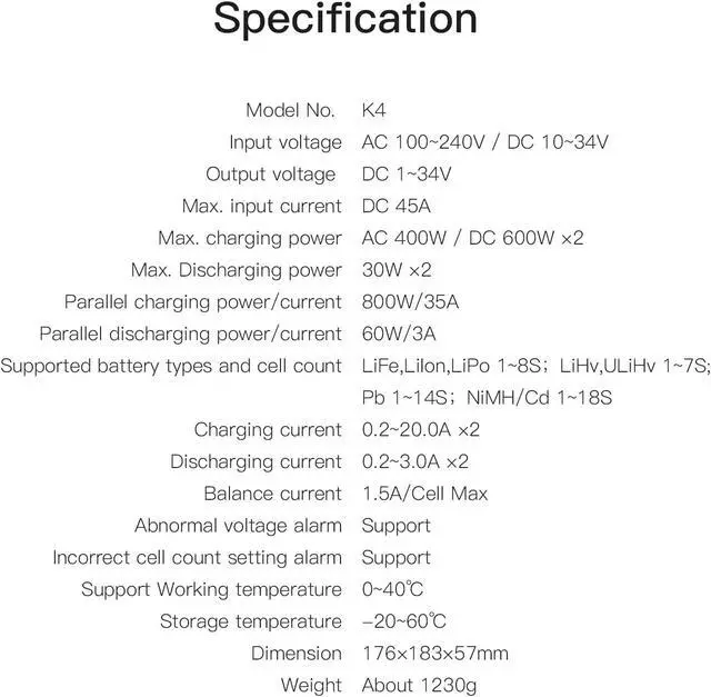 Alt view image 7 of 7 - K4 Lipo Battery Balance Charger Discharger 1-8S AC 400W DC 600Wx2 Smart Charger for Life, Lilon, LiPo, LiHv/Pb/NiMH Battery Balance Charger