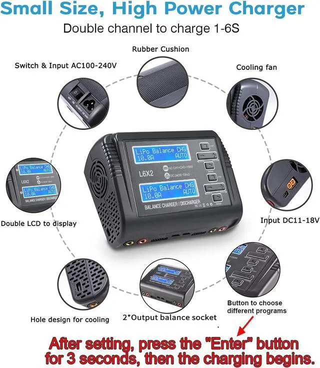 Alt view image 4 of 6 - LiPo Battery Charger Dual 10A RC Fast Balance Battery Charger Discharger