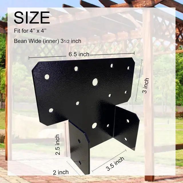 Alt view image 2 of 5 - 4Set(8pcs) Black T-Shaped Post to Beam Connector Roof Tie Bracket, Adjustable Cap , Steel Truss Header Hanger Support for Carports, Pavilions, Terraces (4X4)