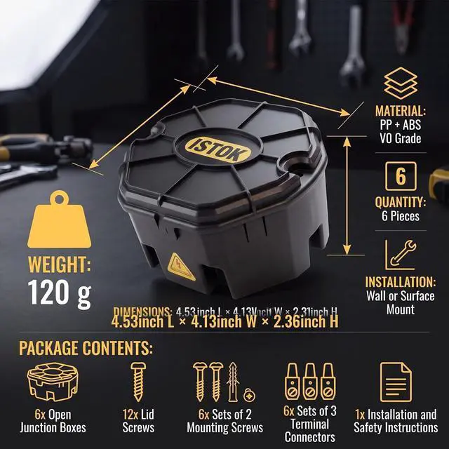 Alt view image 5 of 7 - Premium Open Splice Junction Box (6 Pack), 18 Twist-On Wire Connectors, Electrical Box for Wiring, PP+ABS V0 Flame Retardant, DIY Installation Kit with Screws for Home, Garage & Workshop