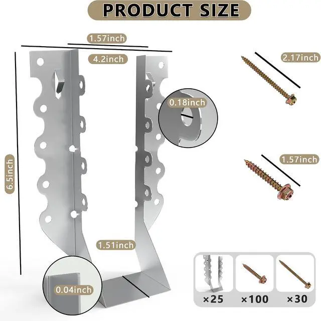 Alt view image 3 of 7 - 25 pcs 2x8 Joist Hangers with Screws, Galvanized Face Mount Hurricane Tie